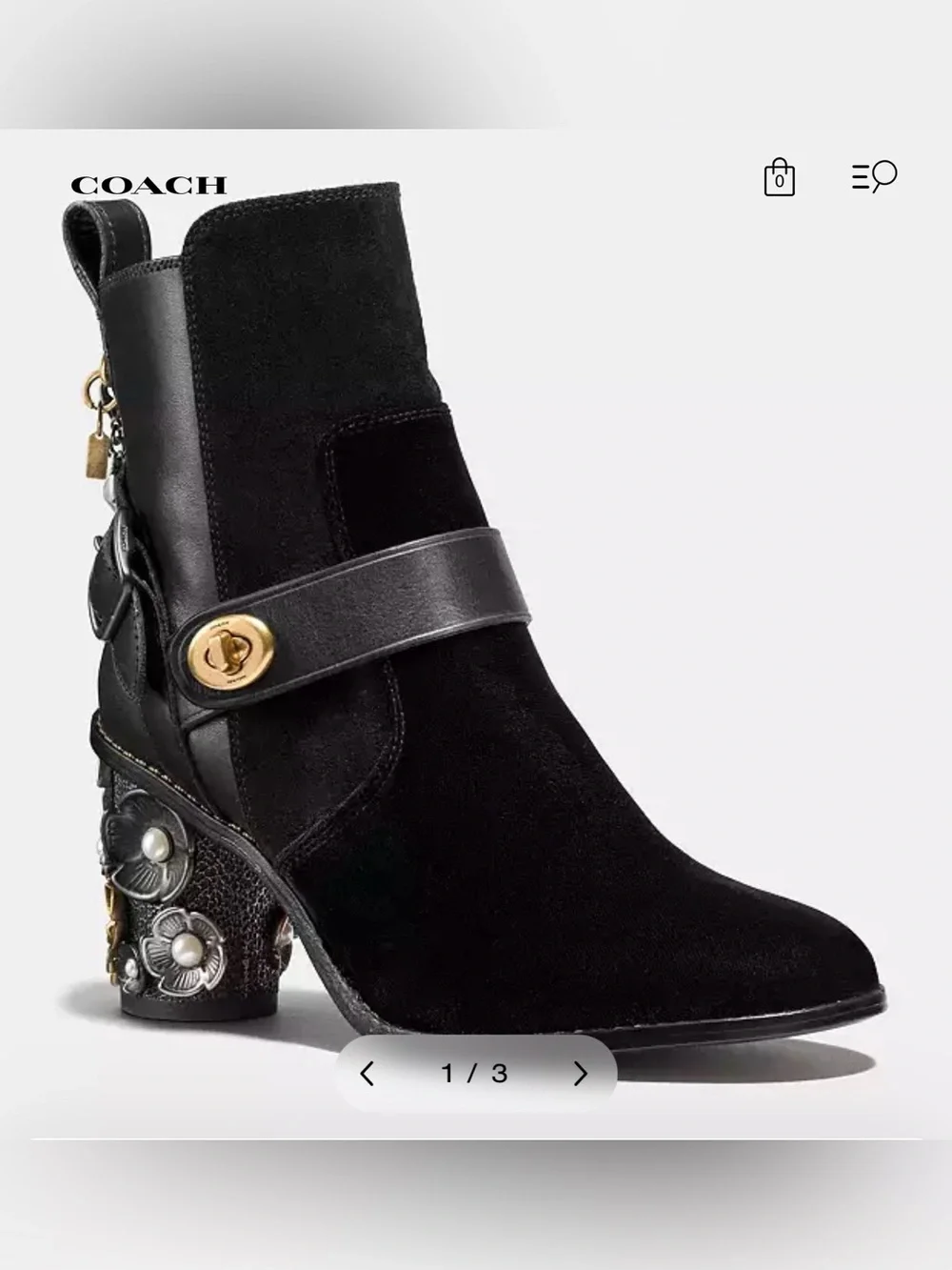 Coach Black Suede Ankle Boots with Leather Strap & Gold Accent